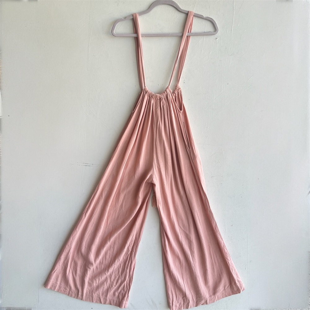 Mazik Boho Pink Linen Wide Leg Jumpsuit Suspender Overalls Tassels NEW - Picture 3 of 7
